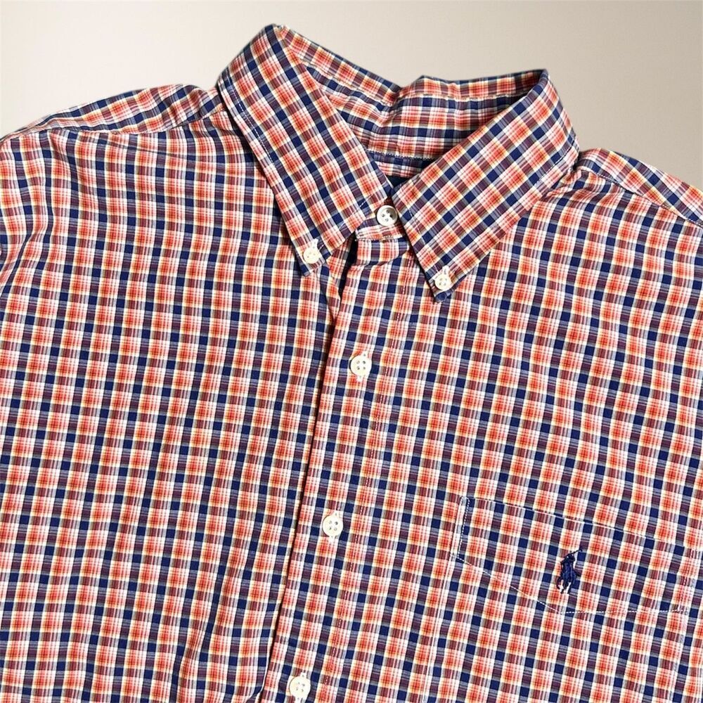 Polo Ralph Lauren Men's XL Red Blue Plaid Cotton Button Down Short Sleeve‎ Shirt